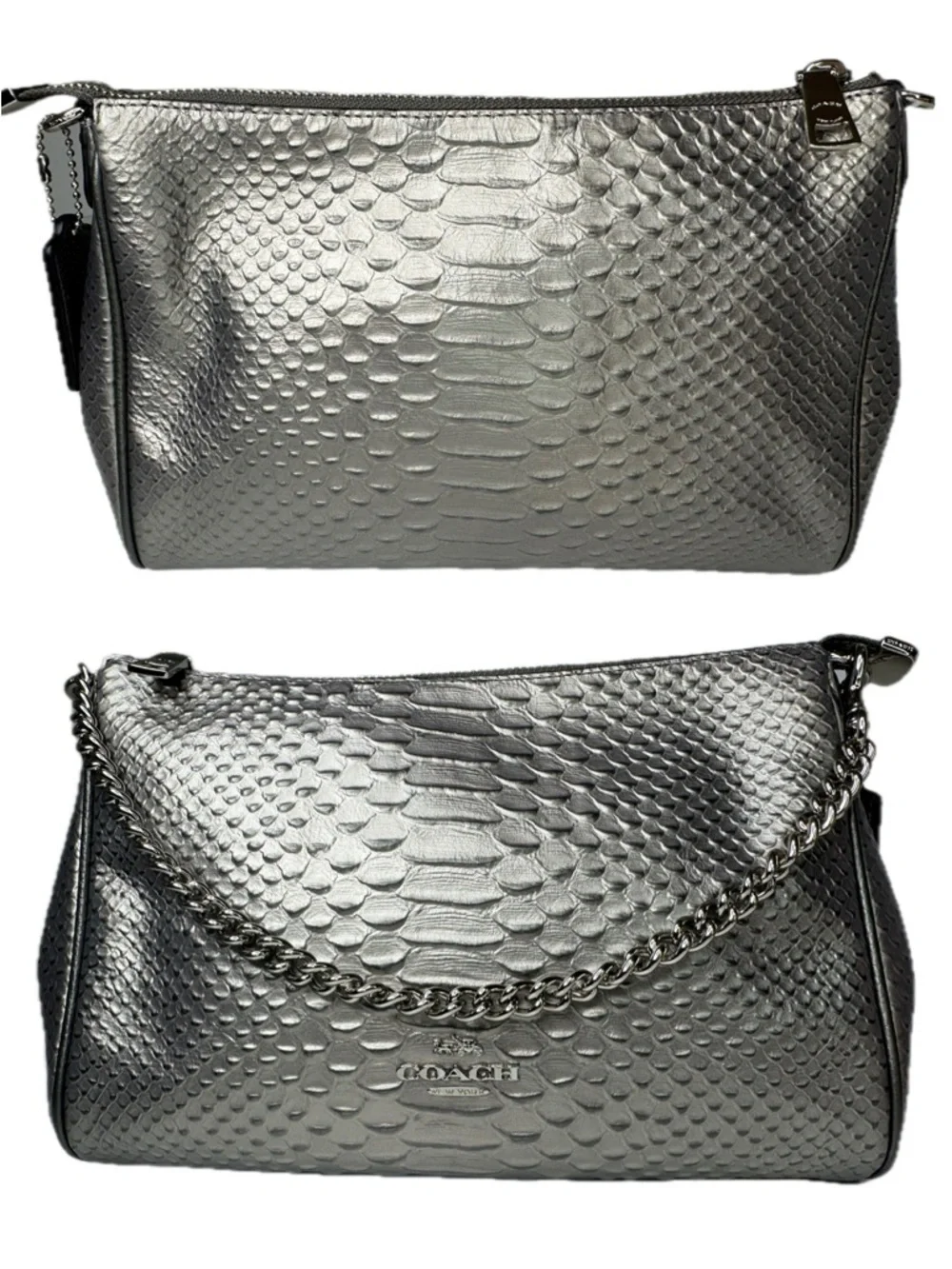 Coach Carrie Python Embossed Leather F35059 Pewter Silver Gunmetal Chain Bag